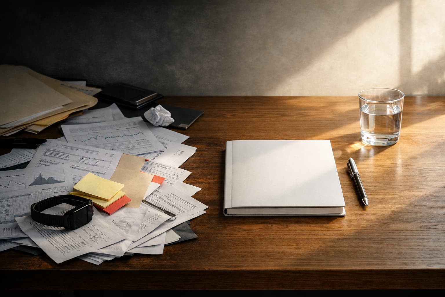 Health data overload contrasted with a clear notebook and simple next steps