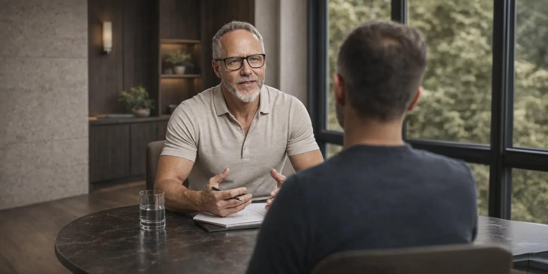 Health strategy session with two men reviewing a roadmap in a calm advisory setting