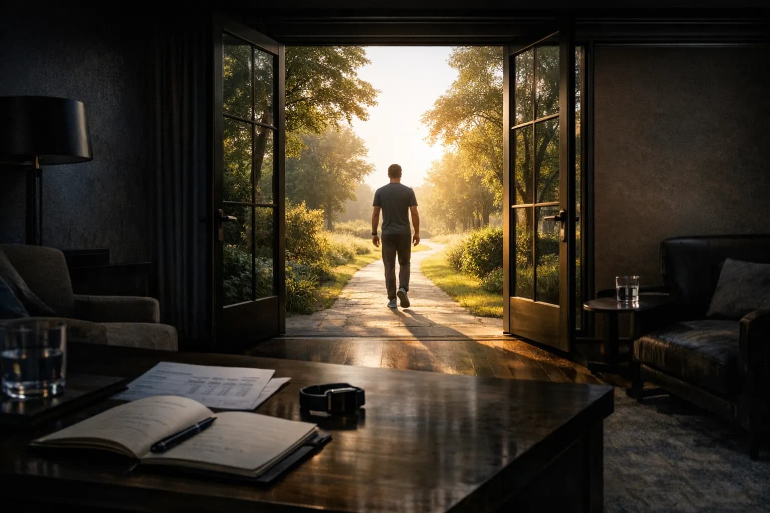 Person walking from a darker interior toward a bright healthy future