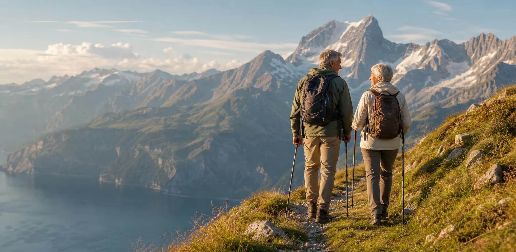 Active older couple hiking together in the Swiss Alps