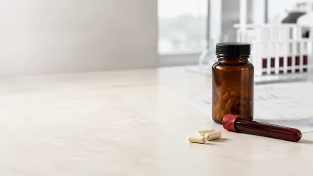 An unbranded supplement bottle, capsules and a blood sample grouped on the right beside laboratory results.