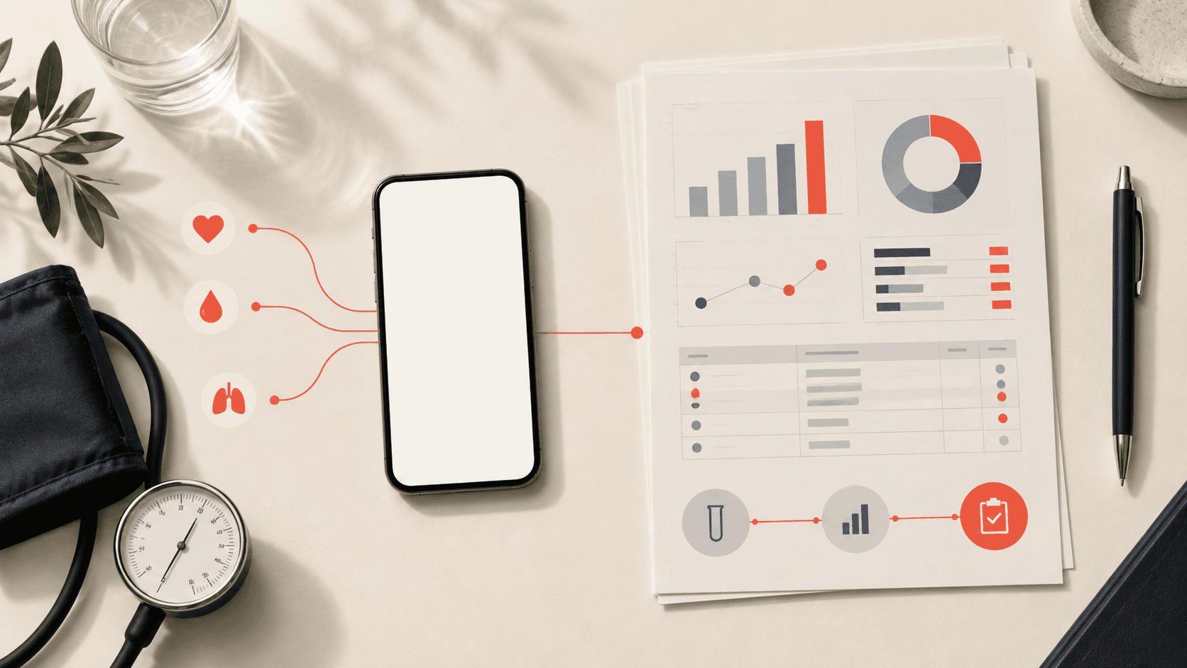 A health-planning workspace with a smartphone, diagnostic measurements and a structured report.