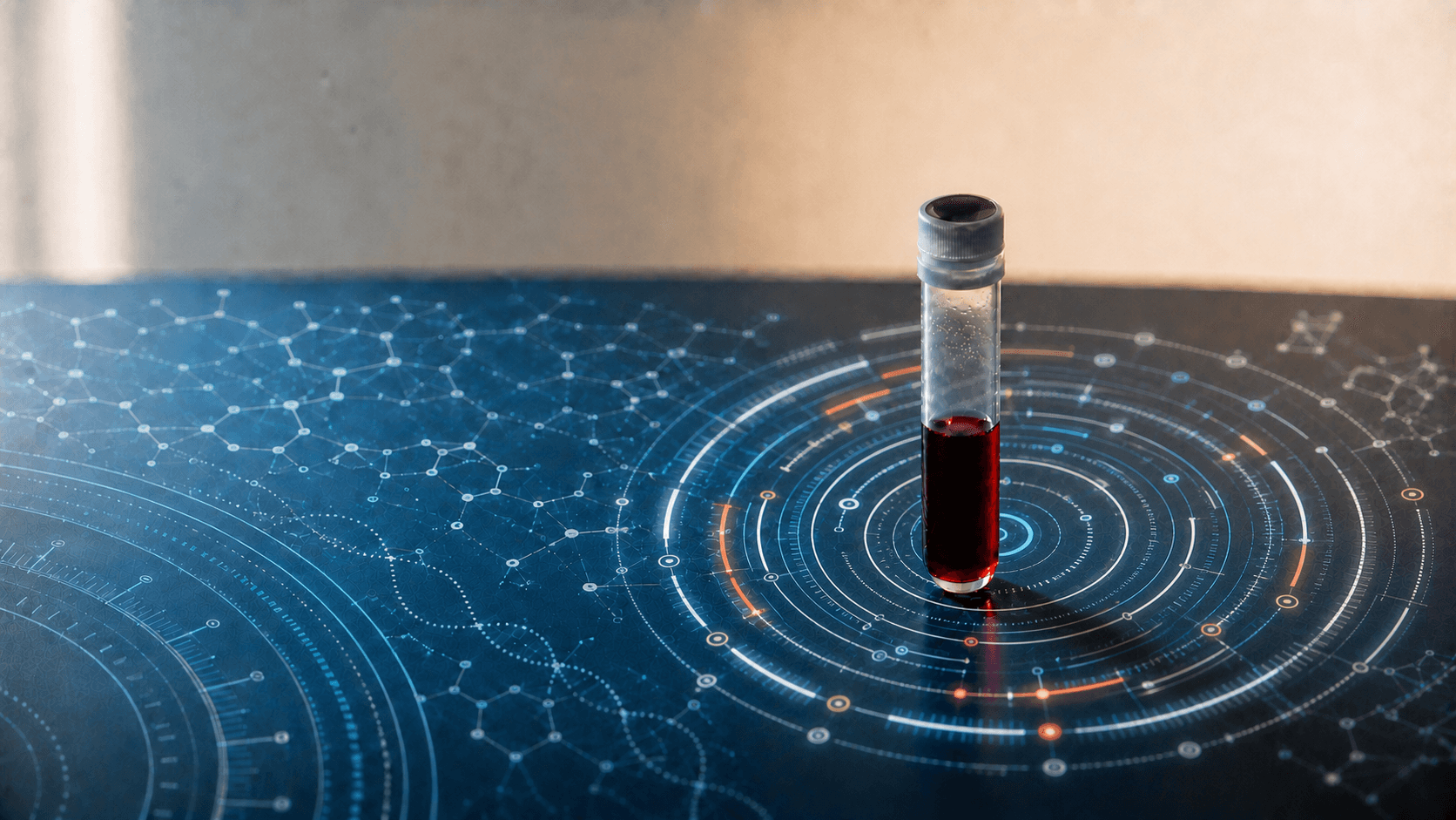A blood sample tube centred on a biological-age dial with lifespan rings, biomarker nodes, and molecular patterns.