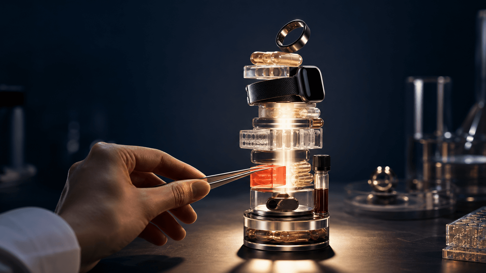 A hand removes one bright red block from an elaborate tower of supplements, wearables and diagnostic devices, revealing a clear illuminated path.