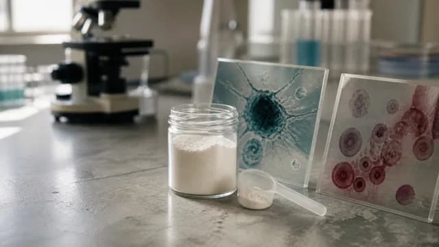 An unbranded jar of creatine powder beside abstract immune-cell and circulating-cell laboratory image plates.