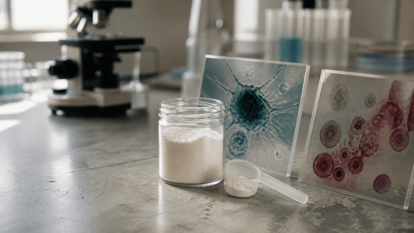 An unbranded jar of creatine powder beside abstract immune-cell and circulating-cell laboratory image plates.