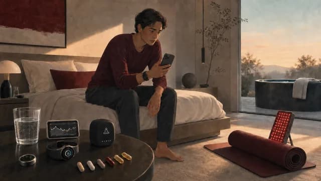 A visibly worried person studies a phone whose screen faces away from the viewer, surrounded by wellness devices.