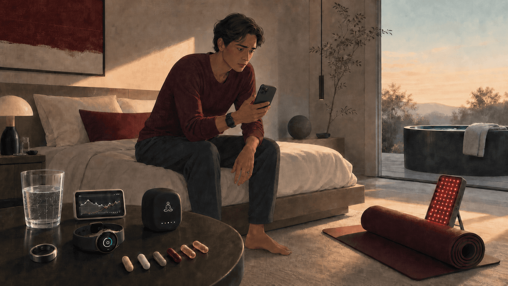 A visibly worried person studies a phone whose screen faces away from the viewer, surrounded by wellness devices.