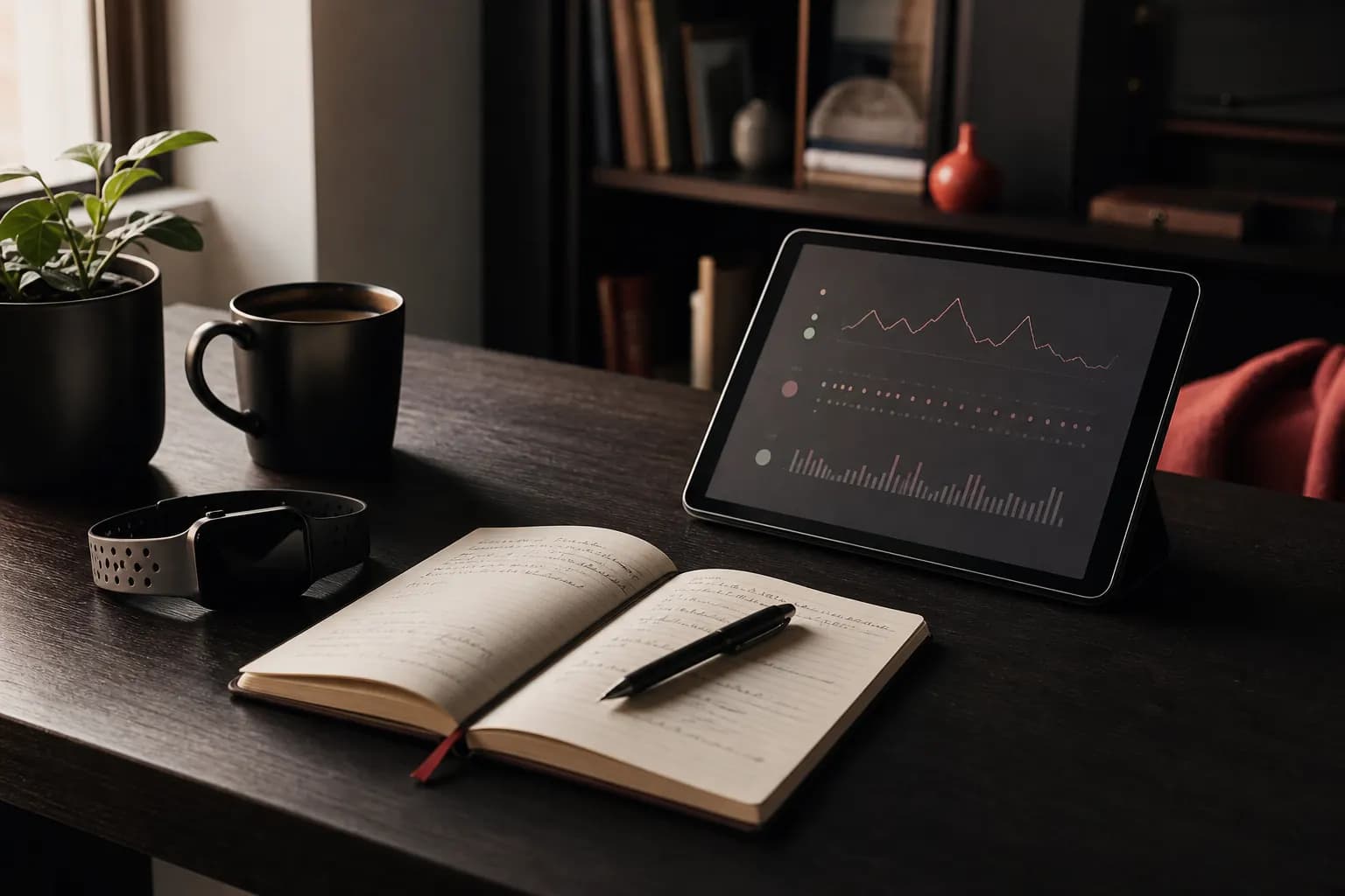 Desk with wearable, notebook, coffee and health tracking dashboard
