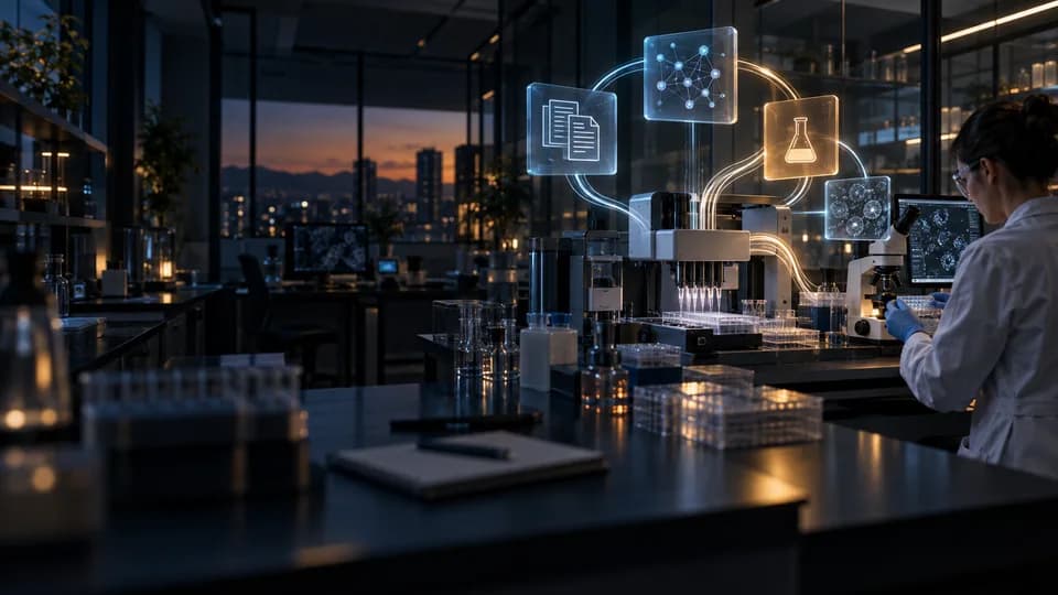 Conceptual biomedical lab scene with AI research-agent panels connecting literature, hypothesis planning and experiment analysis to an automated pipetting station and a scientist at a microscope; not experimental data.