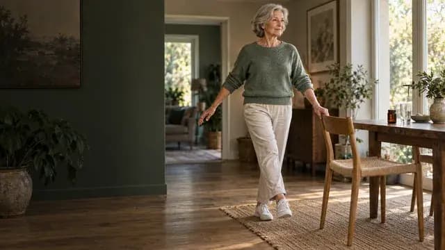 Older woman practising a controlled heel-to-toe balance step beside a sturdy chair at home, with a small unbranded supplement jar on a side table.