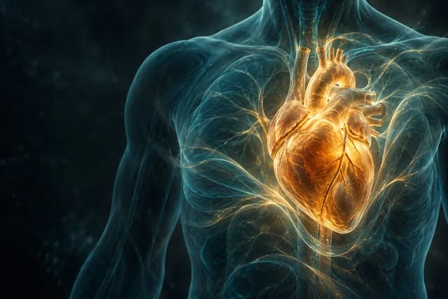 Conceptual amber glass heart within a translucent teal torso, illustrating an organ within its surrounding body.