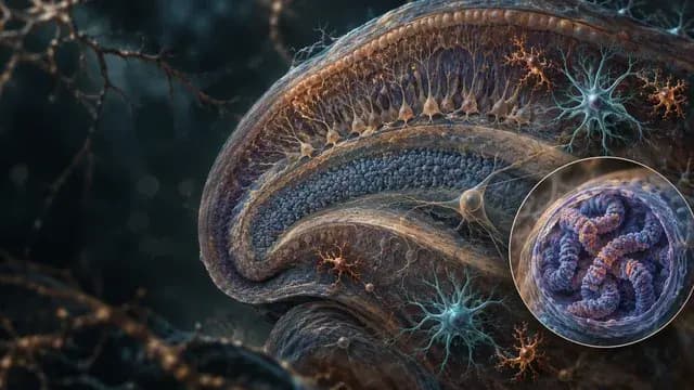 Conceptual cross-section of human hippocampal tissue with support cells, microglia-like cells and folded chromatin inside a cell nucleus.