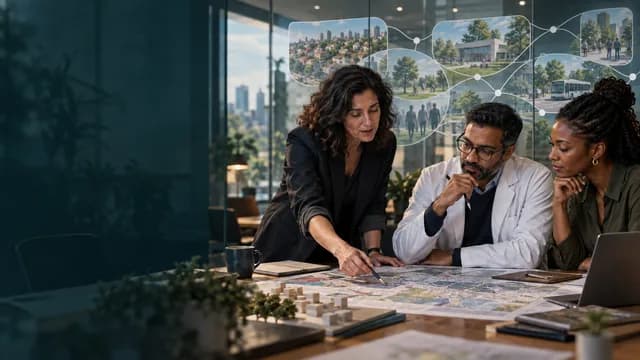 Three global-health professionals examine a city map and interconnected images of neighbourhoods, services and care settings in a research workspace.
