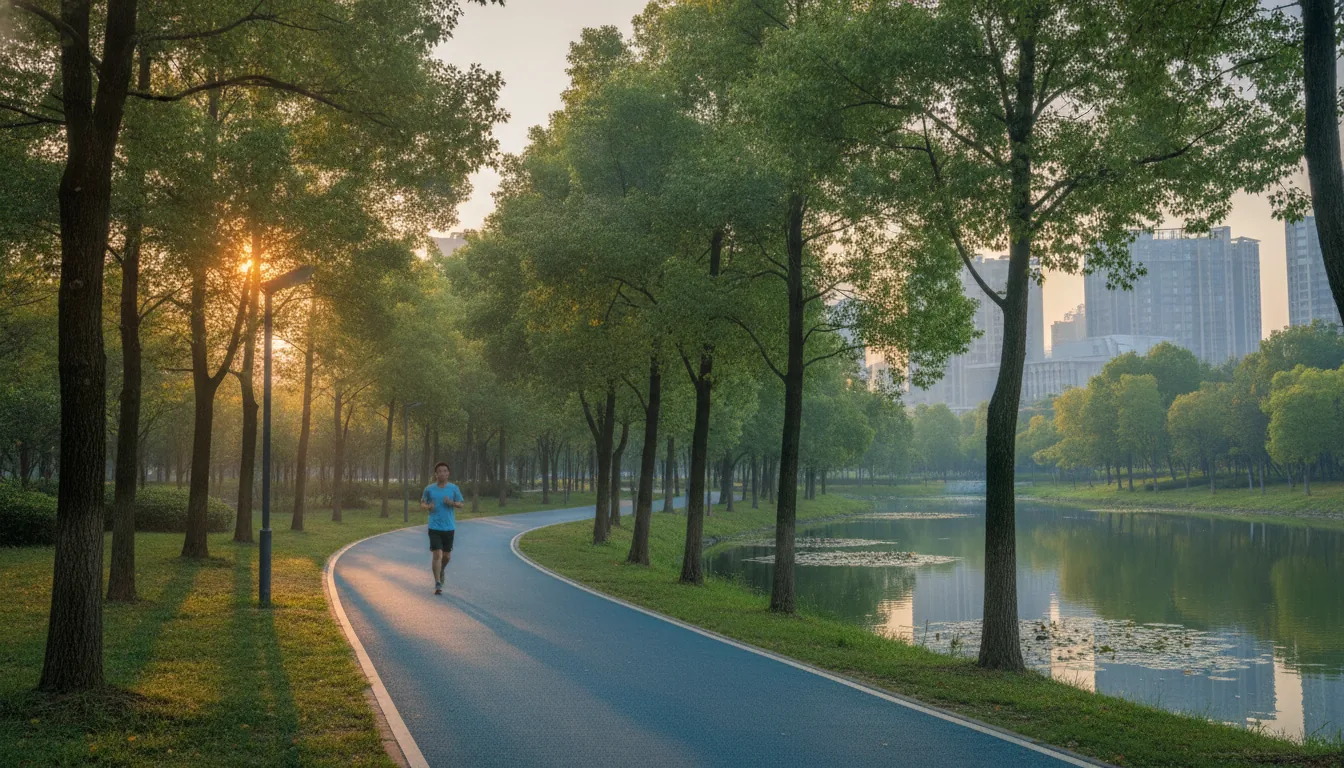 Blue-green spaces, heat stress, and health-supportive public-space use under urban stress: machine learning and SEM evidence from jogging flow in Fuzhou, China