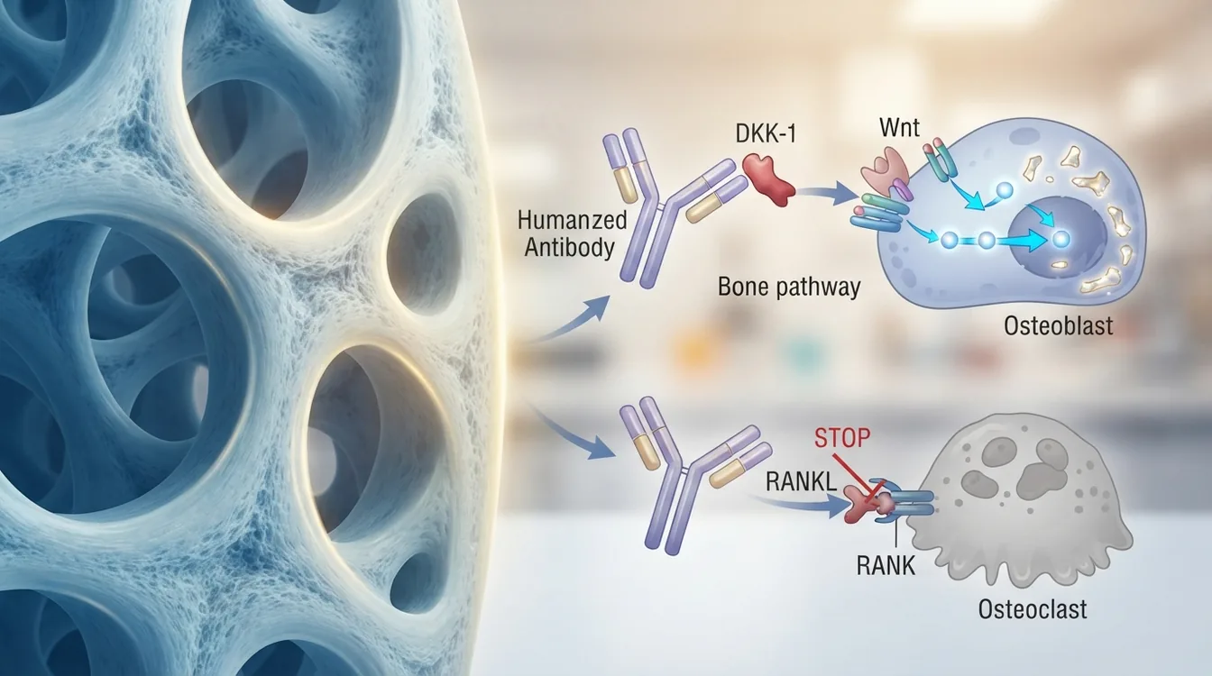 A dual-action humanized DKK-1 antibody that activates the Wnt/β-catenin signaling pathway and inhibits the RANKL signaling pathway for osteoporosis therapy