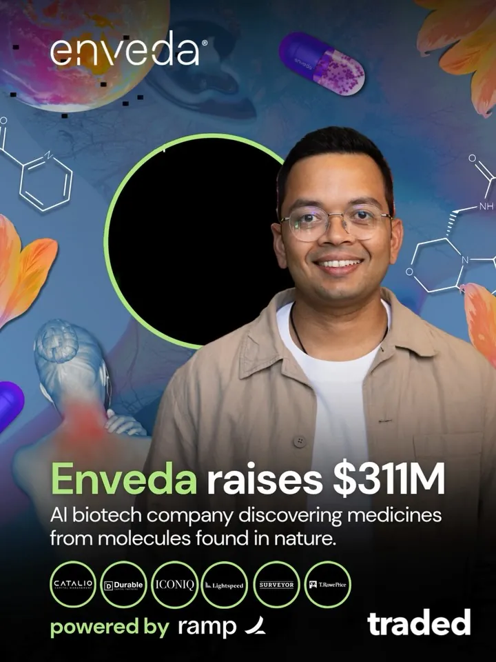 Traded: Venture Capital 🦄 on Instagram: "Enveda, an AI-native biotechnology company, raised $311 million in Series E funding led by Catalio Capital Management, bringing its total capital raised since inception to more than $845 million. Founder and CEO Viswa Colluru said the funding will advance three clinical-stage medicines, including ENV-294 and ENV-308 into later-stage trials, expand the pipeline into inflammatory and metabolic conditions, and scale its PRISM AI drug-discovery platform. FOUNDER: Viswa Colluru, Ph.D INVESTORS: Catalio Capital Management, Durable Capital Partners, ICONIQ, Lightspeed, Surveyor Capital, T. Rowe Price Investment Management, Digitalis Ventures, Sovereign Wealth Fund, Alderline Group, Baillie Gifford, Premji Invest, FPV Ventures, True Ventures, Kinnevik, Dimension, Lifeforce Capital & Lux Capital ROUND: Series E AMOUNT: $311,000,000 HQ: Boulder, Colorado #VentureCapital #Enveda #ViswaColluruPhD #TradedVC"