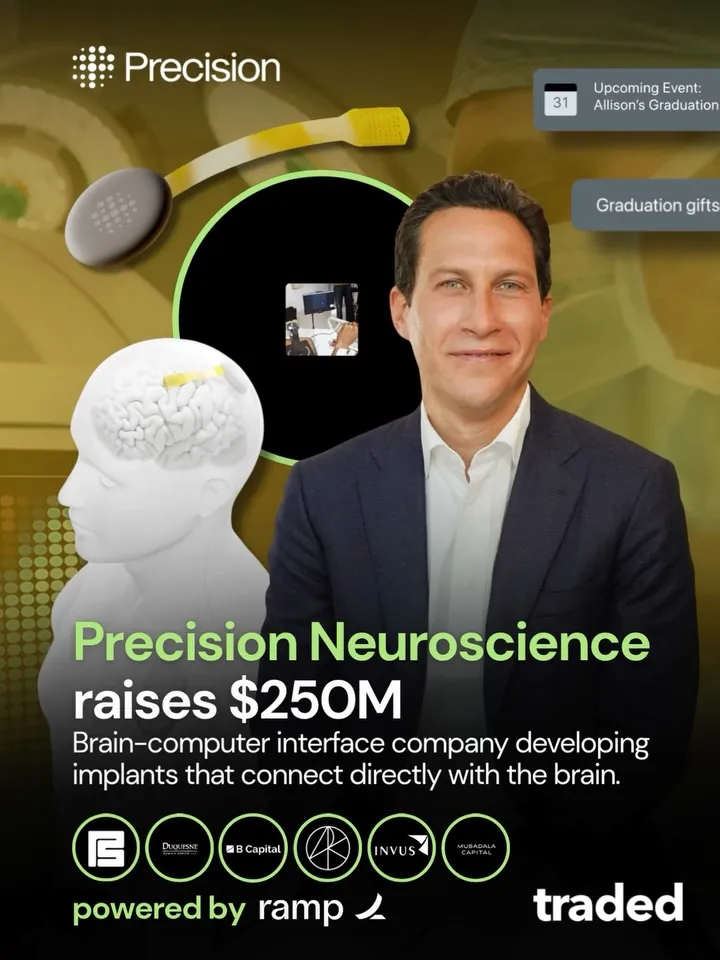 Traded: Venture Capital 🦄 on Instagram: "Precision Neuroscience closed an oversubscribed $250 million Series D co-led by Pershing Square Inc., the Ackman Oxman Institute and an undisclosed leading life sciences investment fund, bringing its total funding to $430 million. The brain-computer interface company, led by co-founder and CEO Michael Mager, plans to use the capital to expand clinical programs, advance FDA review of its Layer 7 cortical interface and build commercialization infrastructure. FOUNDERS: Michael Mager & Dr. Benjamin Rapoport INVESTORS: Pershing Square Inc., Ackman Oxman Institute, Duquesne Family Office, B Capital, ARK Invest, Invus, Mubadala Capital, Mirae Asset Capital, Korea Investment Partners, Hitachi Ventures & JSL Health Capital ROUND: Series D AMOUNT: $250,000,000 HQ: New York City, New York #VentureCapital #PrecisionNeuroscience #MichaelMager #TradedVC"